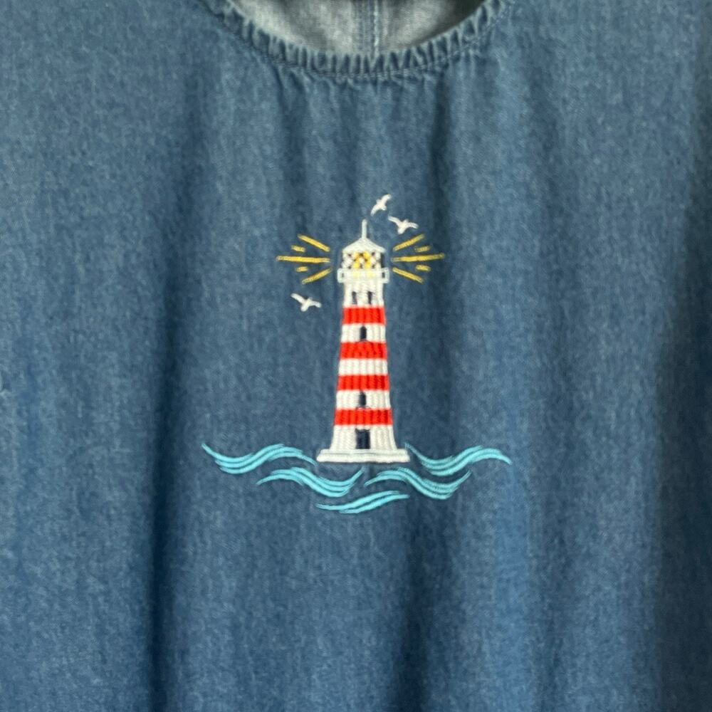 Blair Denim Dress Women Size L Lighthouse Embroidered Vintage Beachy Style Retro - Picture 2 of 16